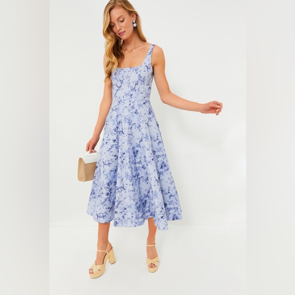 STAUD Blue and White Patterned Dress